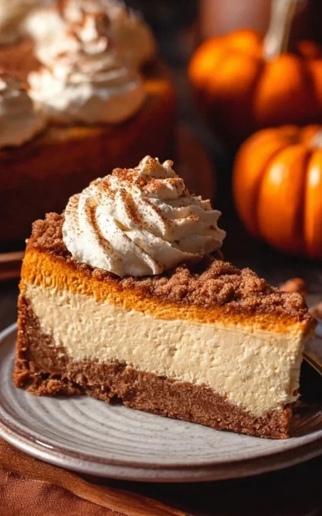 Delicious Pumpkin Streusel Cheesecake with a golden topping