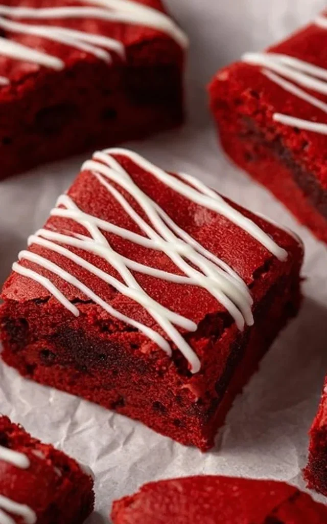 Delicious Red Velvet Brownies with cream cheese frosting on a white plate