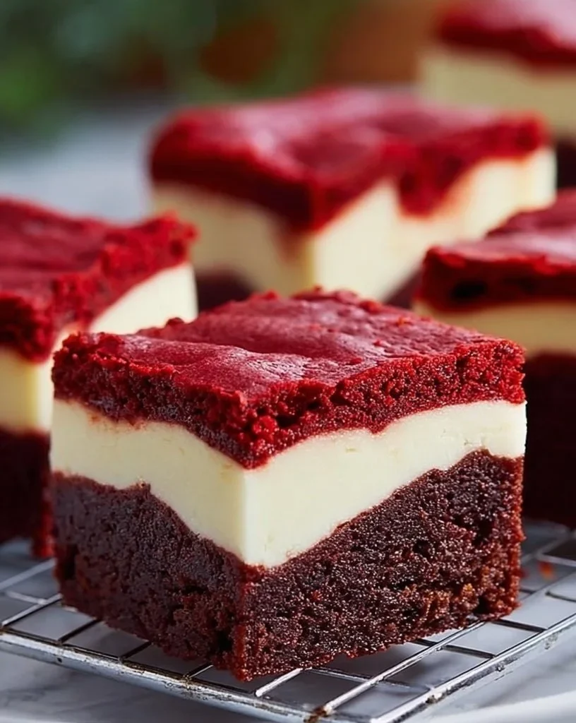 Plate of red velvet cheesecake brownies with creamy topping