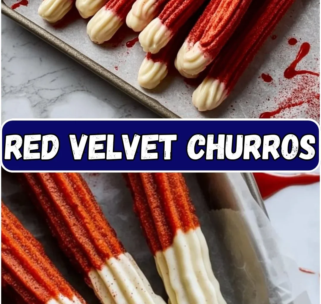 Freshly made red velvet churros dusted with sugar and served with dipping sauce.