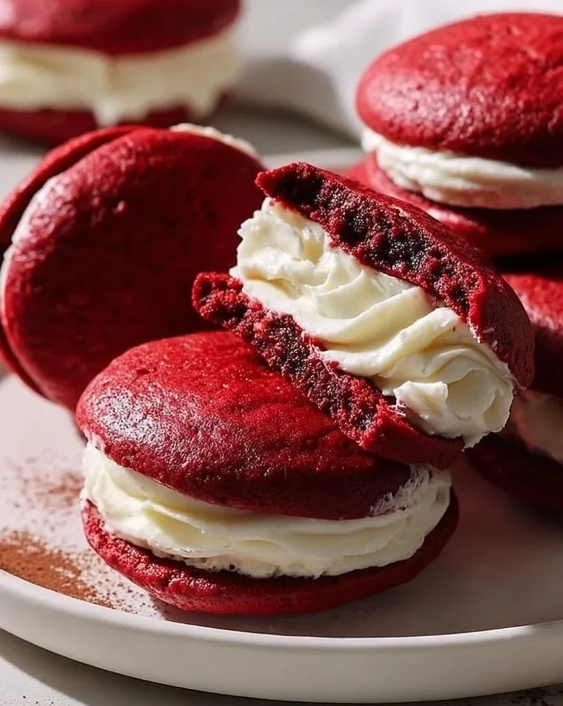 Red Velvet Whoopie Pies with creamy filling and vibrant red color