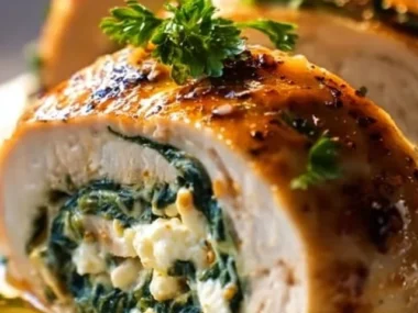 Rolled chicken stuffed with feta cheese and spinach on a plate