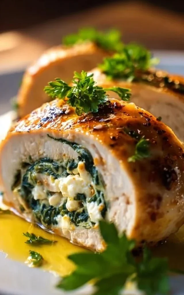 Rolled chicken stuffed with feta cheese and spinach on a plate