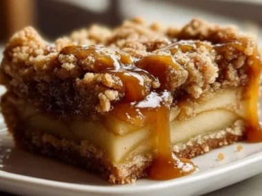 Delicious salted caramel apple crumble bars on a wooden table