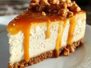 Delicious salted caramel cheesecake topped with crunchy toffee bits