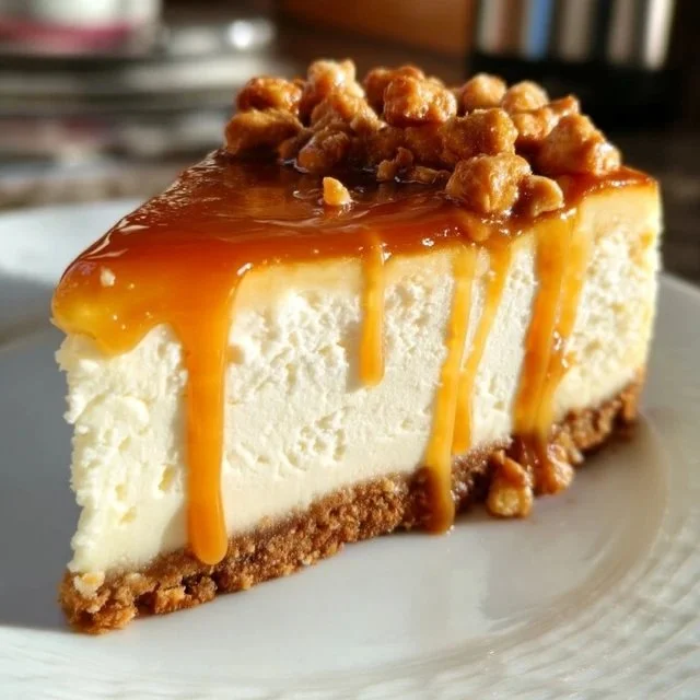 Delicious salted caramel cheesecake topped with crunchy toffee bits