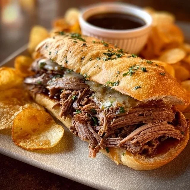 Savory roasted French dip sandwich with tender beef and au jus on a rustic bun.