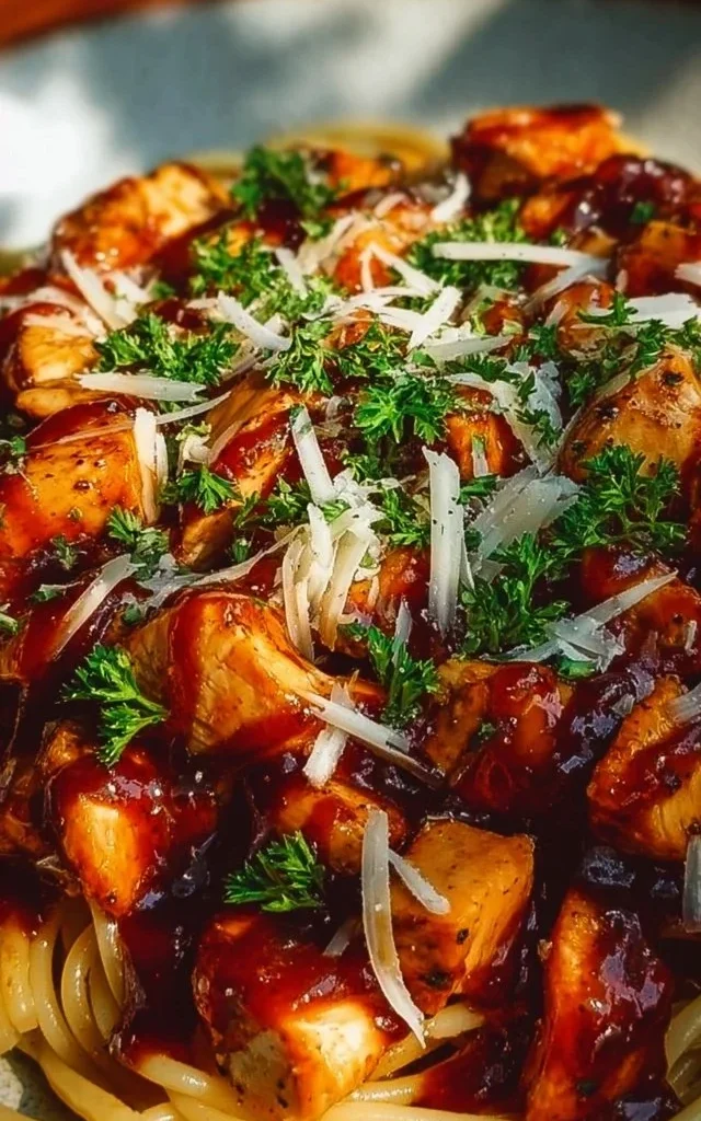 Plate of spaghetti with garlic and oil garnished with parsley and chili flakes