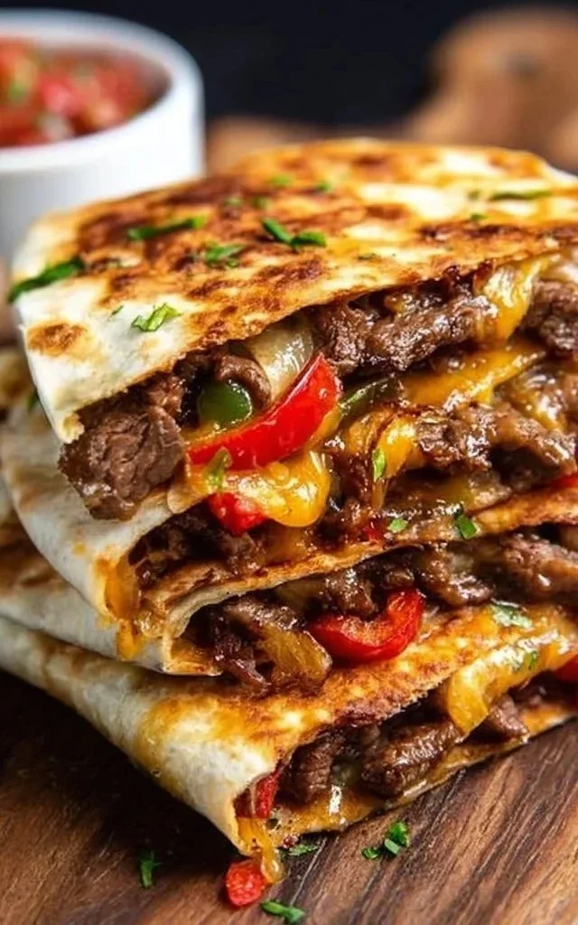 Delicious Steak Fajita Quesadillas filled with seasoned steak and colorful vegetables.