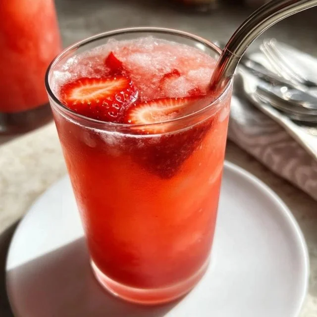 Strawberry Acai Refresher beverage in a glass with strawberries and acai berries.