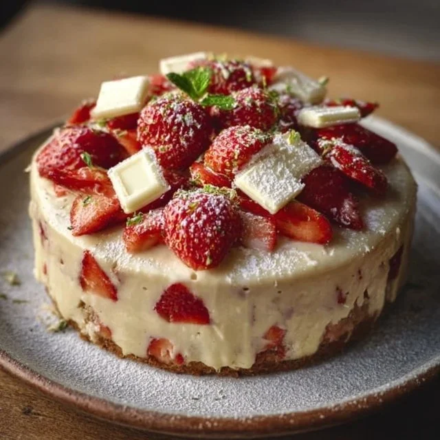 Delicious Strawberry Mascarpone Cake topped with white chocolate and fresh strawberries.