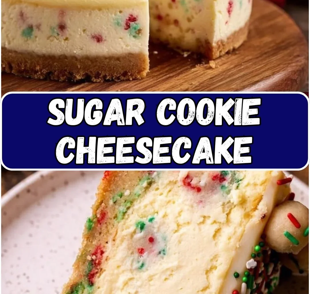 Delicious sugar cookie cheesecake topped with colorful sprinkles and a cookie crust