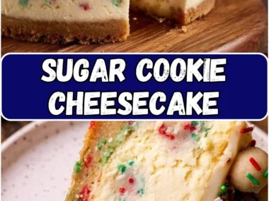 Delicious sugar cookie cheesecake topped with colorful sprinkles and a cookie crust