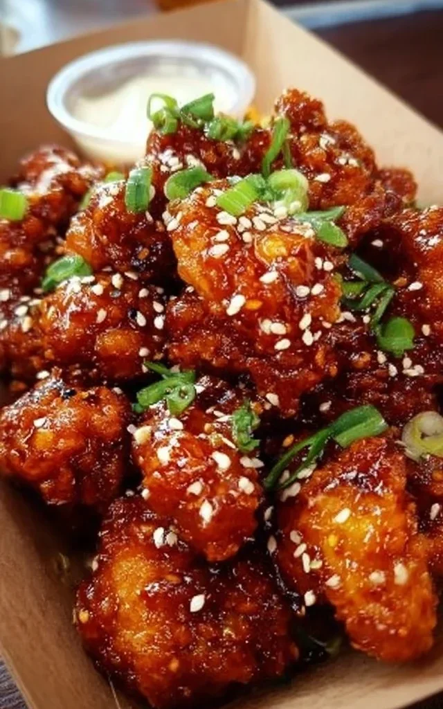 Bowl of Sweet & Spicy Korean Fried Chicken with vibrant sauce and sesame seeds