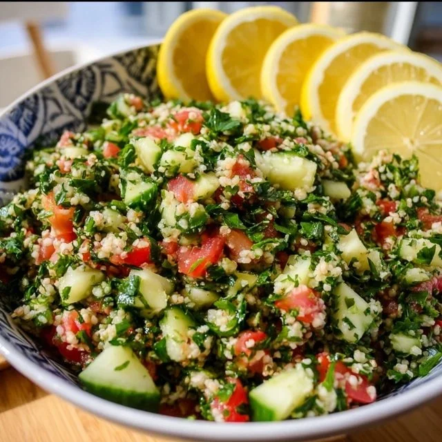 Delicious Tabouli Salad with fresh parsley, tomatoes, and bulgur wheat.