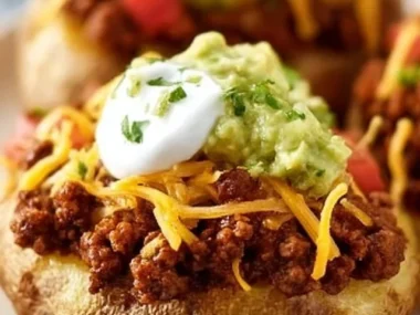 Delicious Taco Potatoes topped with salsa, cheese, and avocado