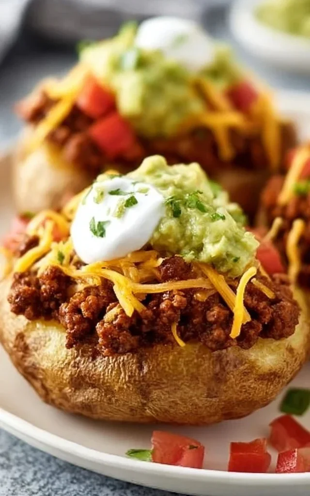 Delicious Taco Potatoes topped with salsa, cheese, and avocado