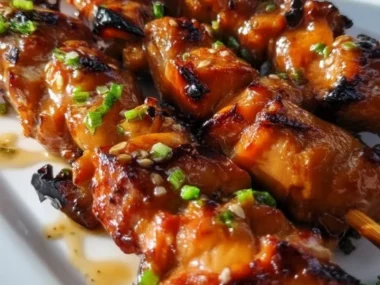 Delicious teriyaki chicken skewers on a grill with colorful vegetables