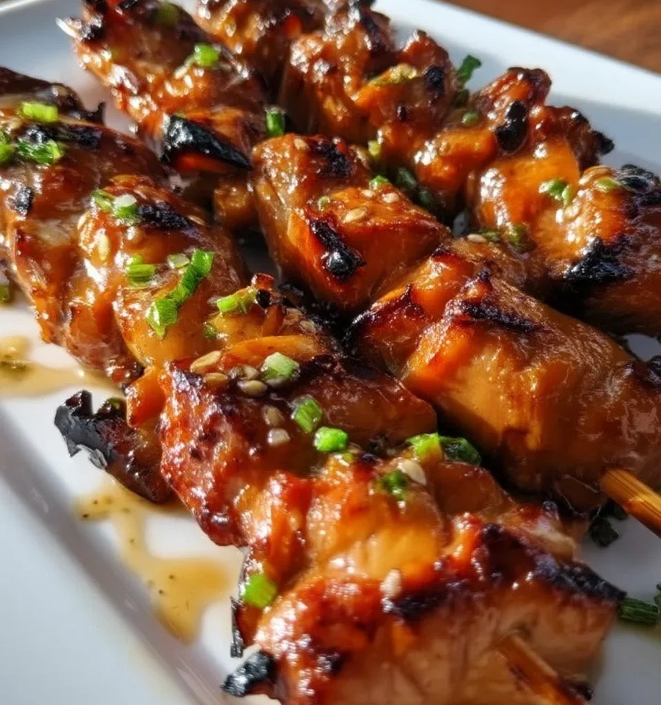 Delicious teriyaki chicken skewers on a grill with colorful vegetables