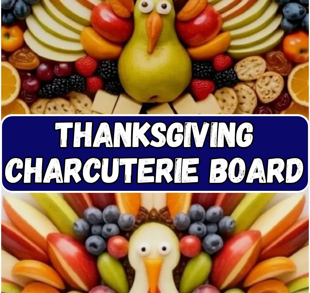 Beautifully arranged Thanksgiving charcuterie board with seasonal treats and cheeses.