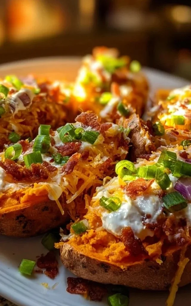 Delicious twice baked sweet potatoes topped with cheese and herbs