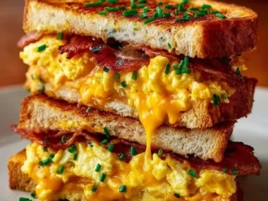 Ultimate Breakfast Grilled Cheese with scrambled eggs and bacon on a plate