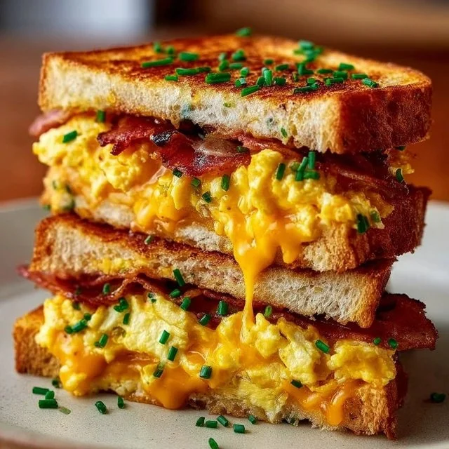 Ultimate Breakfast Grilled Cheese with scrambled eggs and bacon on a plate