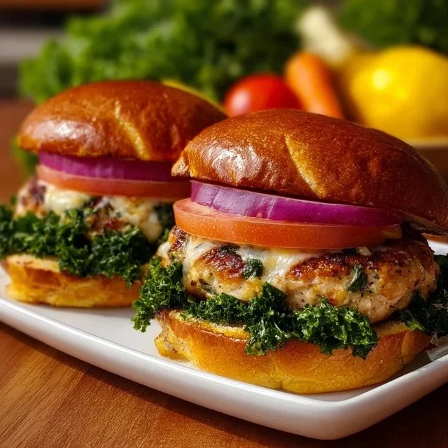 Delicious White Cheddar Spinach Chicken Burgers served with fresh ingredients