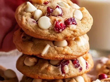 Freshly baked white chocolate cranberry cookies on a plate