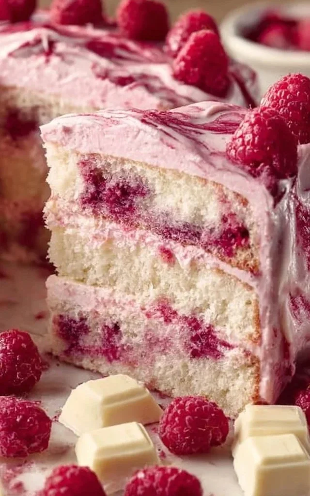 Delicious white chocolate raspberry cake with fresh raspberries and creamy frosting.