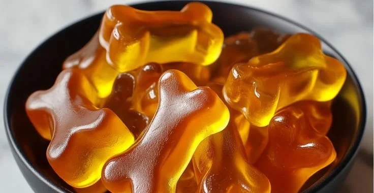 3-Ingredient chicken bone broth gummy treats for dogs in a bowl