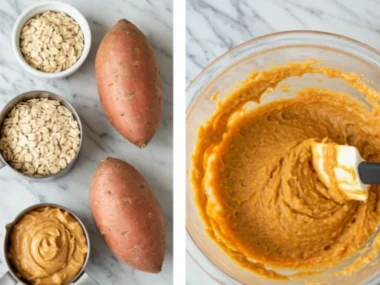 Homemade 3-ingredient sweet potato dog cookies on a rustic wooden table