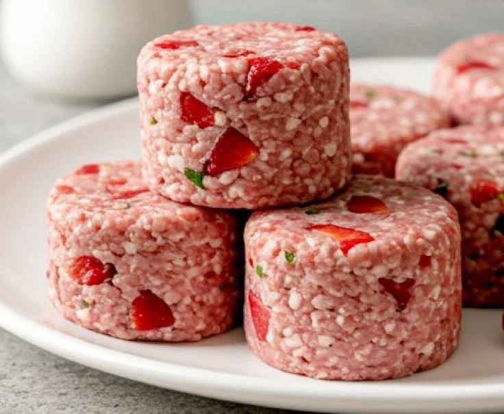 Bite-sized strawberry oat dog treats in a bowl for pets