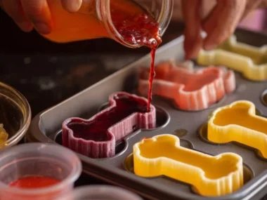 Homemade fruit gelatin treats for dogs in bone shapes