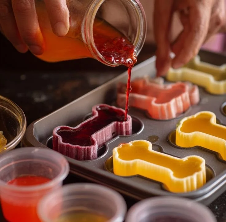 Homemade fruit gelatin treats for dogs in bone shapes