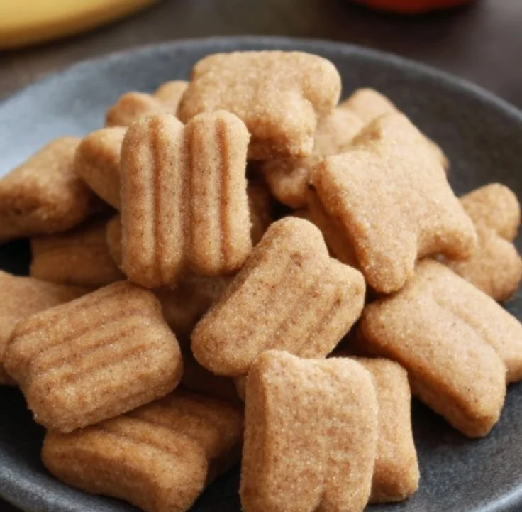Homemade apple and banana dog treats on a wooden surface