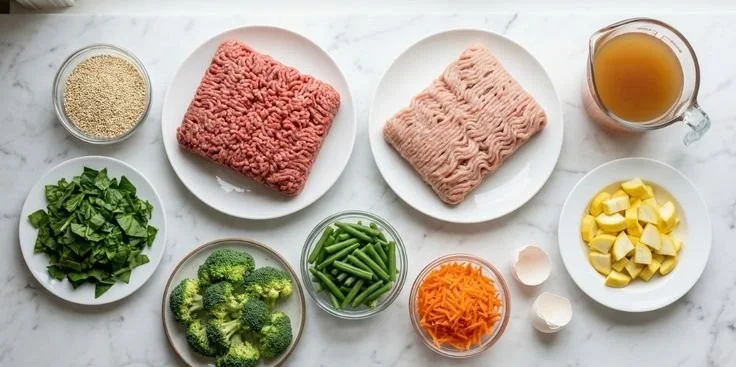 Bowl of homemade dog food with fresh ingredients like meat and vegetables