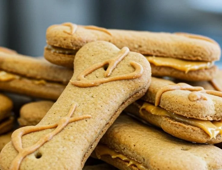 Homemade soft-baked peanut butter dog cookies in a bowl with ingredients.