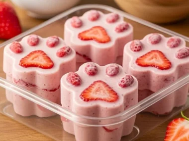 Homemade strawberry yogurt dog treats on a wooden surface with dog paw prints.
