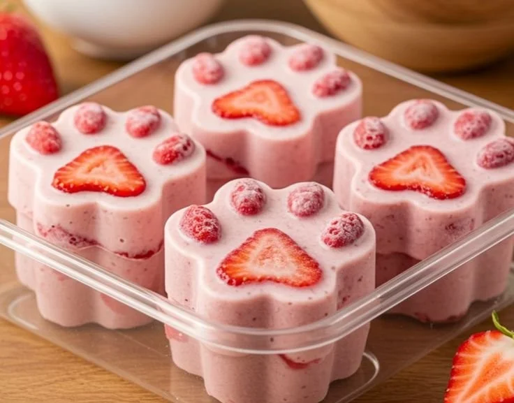Homemade strawberry yogurt dog treats on a wooden surface with dog paw prints.