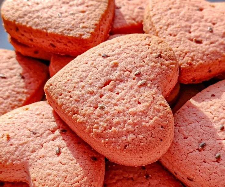 Delicious strawberry yogurt heart biscuits for dogs, perfect for Valentine's Day
