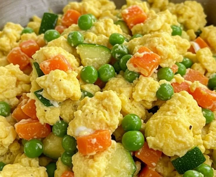 A bowl of Veggie Egg Scramble for Dogs filled with fresh vegetables and eggs.