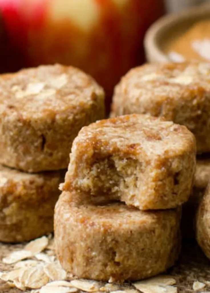 Homemade apple banana peanut butter dog treats on a wooden surface