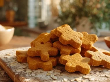 Homemade peanut butter sweet potato dog treats on a wooden surface.