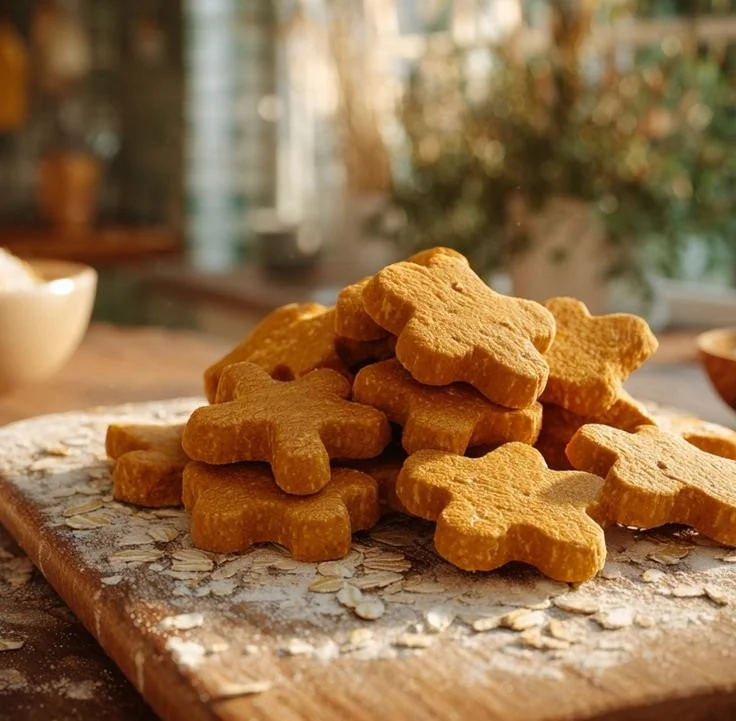 Homemade peanut butter sweet potato dog treats on a wooden surface.
