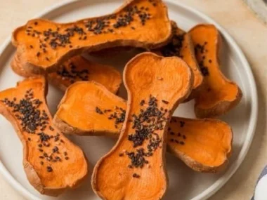 Homemade Air Fryer Sweet Potato Dog Chews ready to serve to pets.