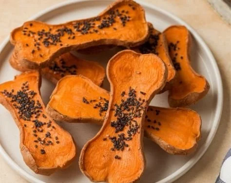 Homemade Air Fryer Sweet Potato Dog Chews ready to serve to pets.