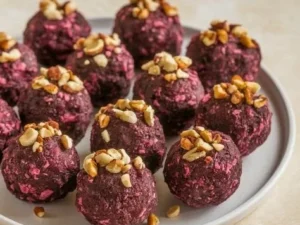 Homemade banana and beetroot balls on a wooden plate with fresh ingredients.