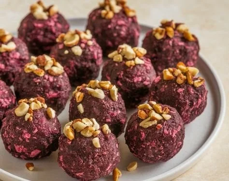 Homemade banana and beetroot balls on a wooden plate with fresh ingredients.