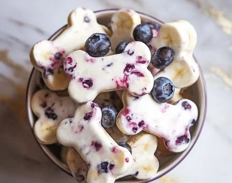 Banana and Berry frozen bites for dogs in a bowl